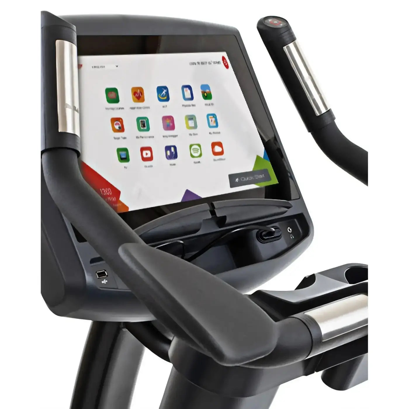 Black and silver gym gear b8e entertainment upright bike with touchscreen display showing colorful app icons