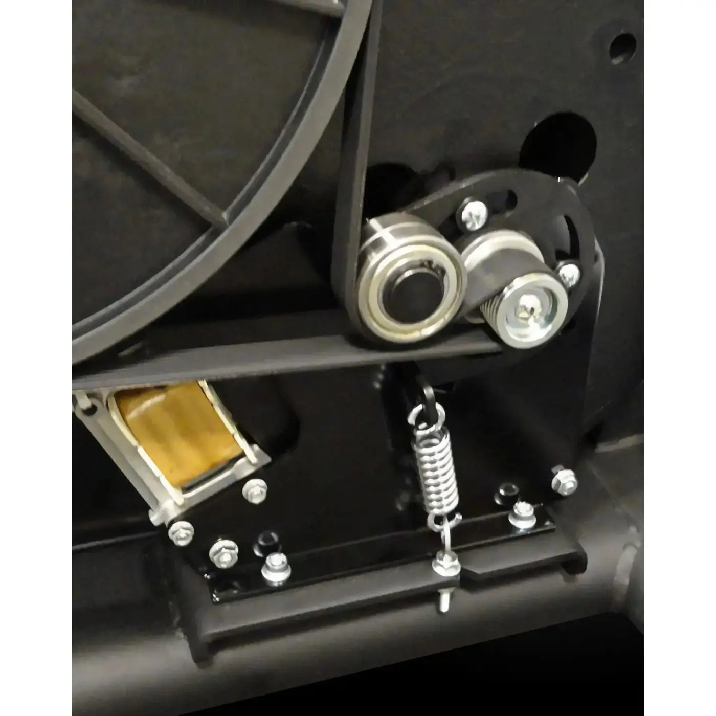 Black metal belt tensioner with silver bearings and coiled spring for gym gear B8e entertainment upright bike