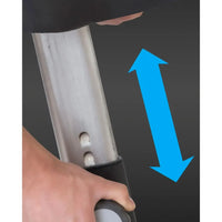 Silver metallic adjustable handle with black grip and white knobs on gym gear b8e entertainment upright bike