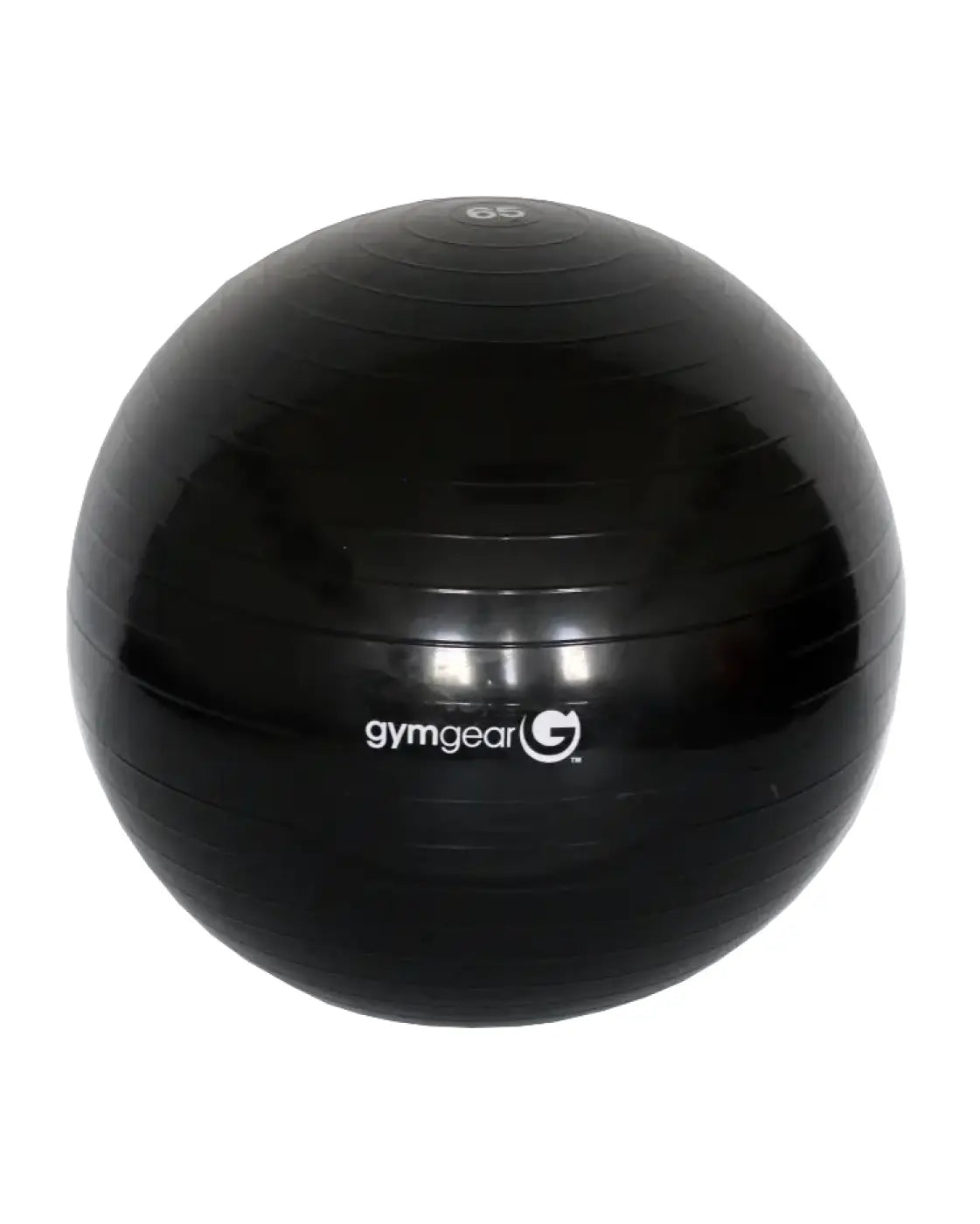 Black gymgear gym ball with a glossy finish and subtle horizontal ridges for home gym exercise use