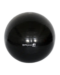 Black gymgear gym ball with a glossy finish and subtle horizontal ridges for home gym exercise use