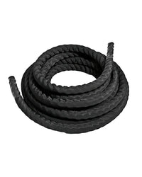 Black thick braided battle rope coiled in a neat spiral for home gym workouts gym gear battle rope