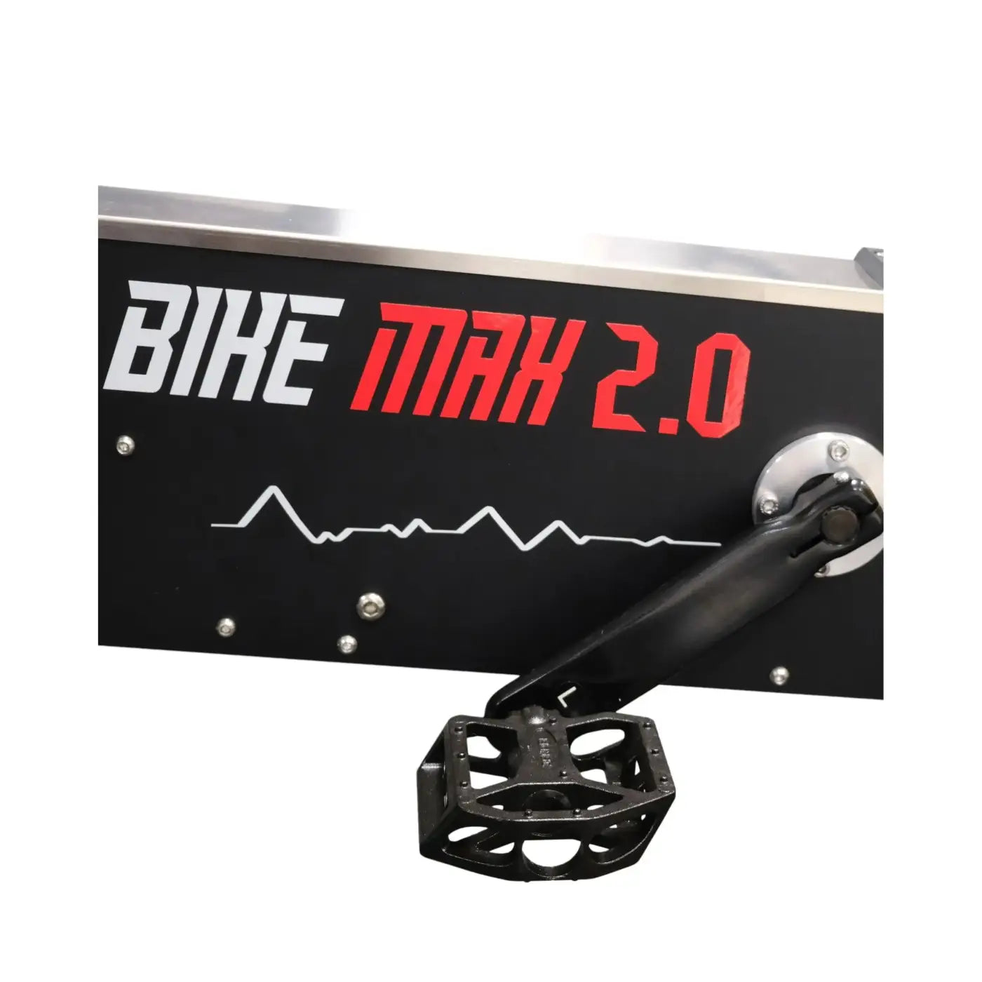 Black textured open-frame pedal with metallic silver crank arm on gym gear bike max 2.0 upright exercise bike rear side