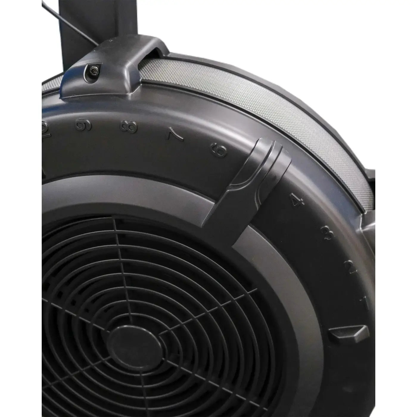 Black plastic fan housing with mesh grille and numbered markings on gym gear bike max 2.0 upright exercise bike back side