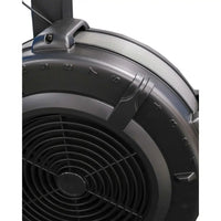 Black plastic fan housing with mesh grille and numbered markings on gym gear bike max 2.0 upright exercise bike back side