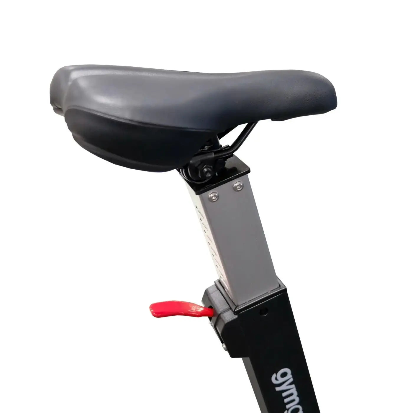 Black padded saddle with ergonomic design mounted on sturdy metallic frame of Gym Gear Bike Max 2.0 upright exercise bike