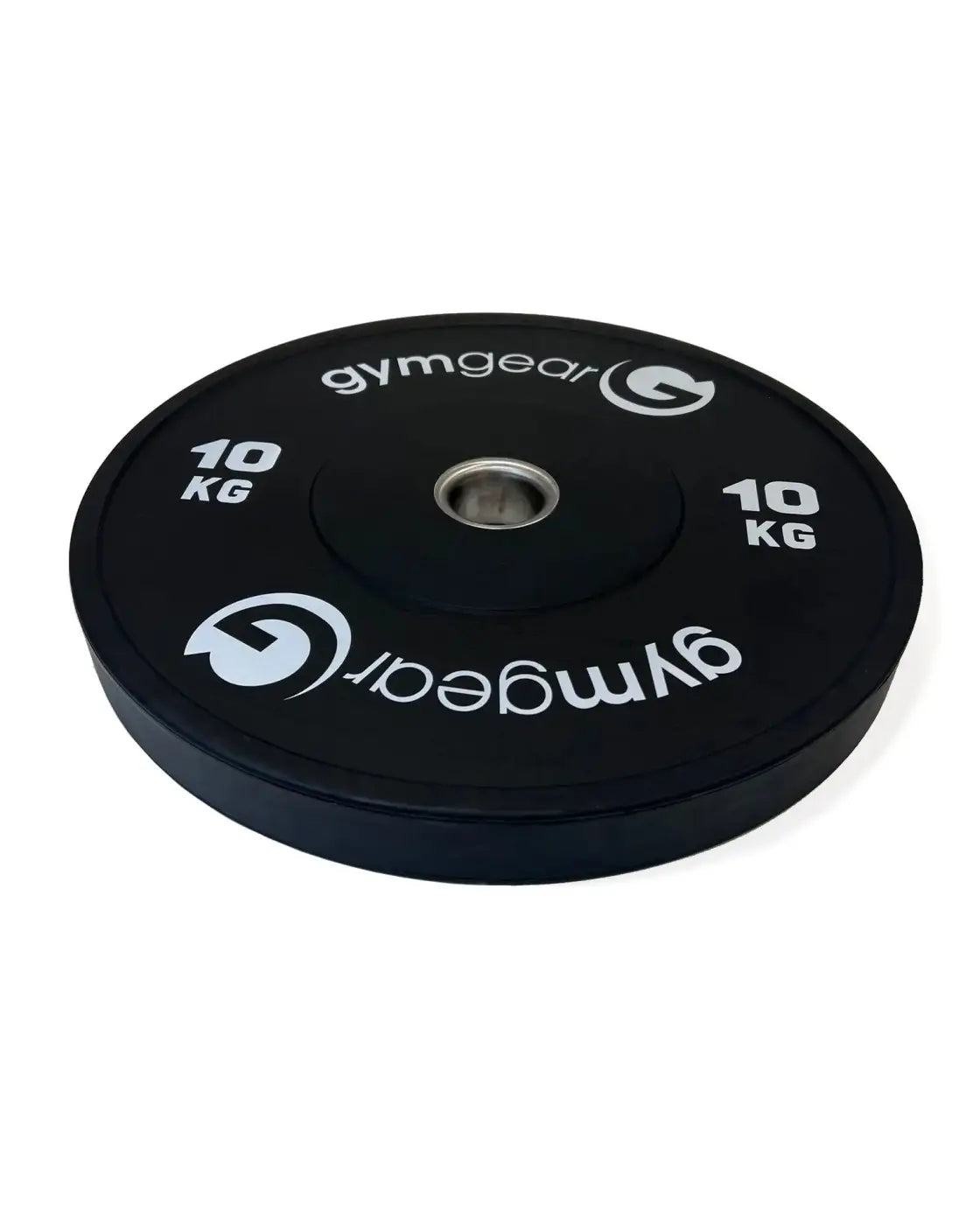 Gym Gear black bumper plate 10 kg weight plate with white branding and central silver hole for home use