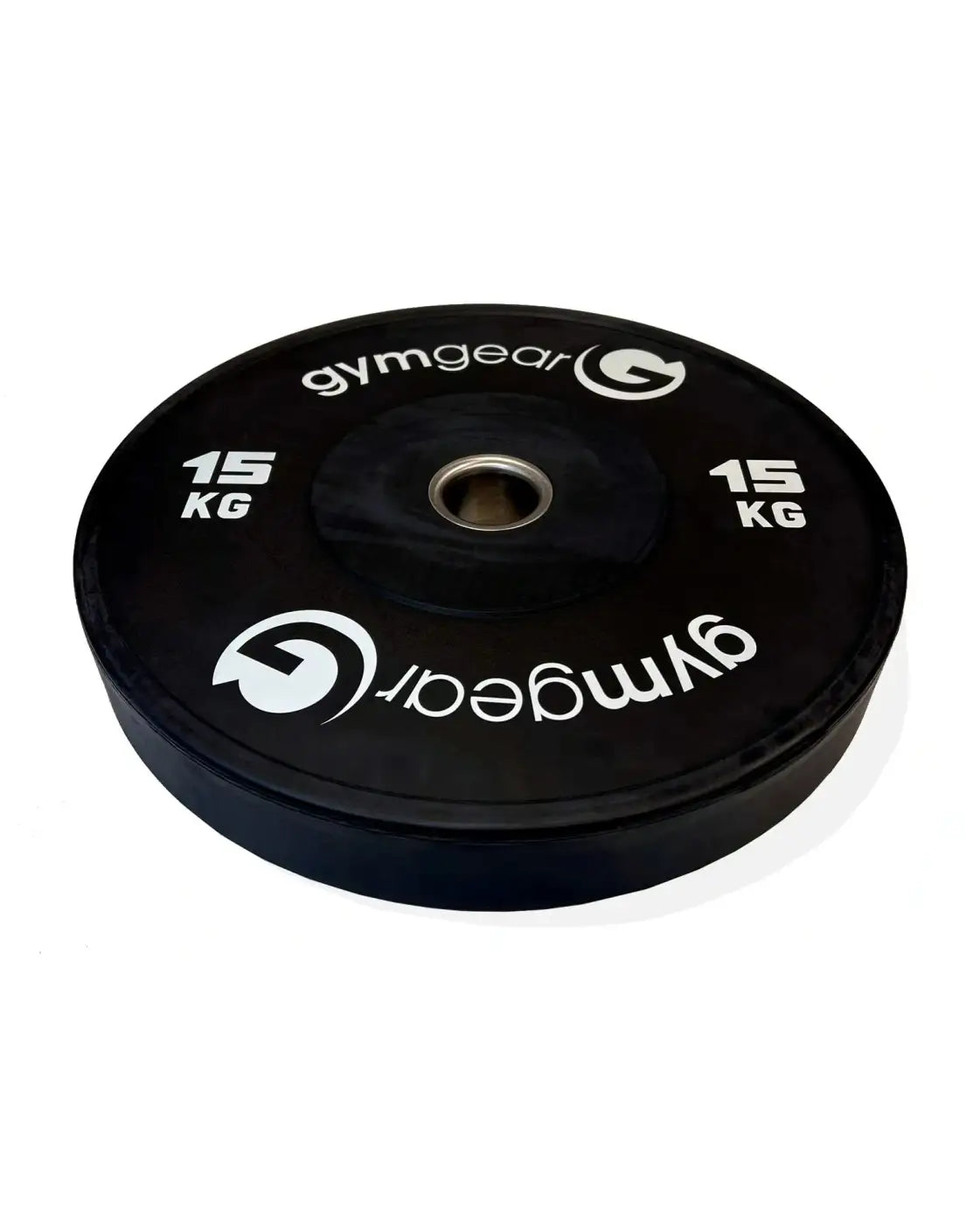 Gym Gear black 15 kg bumper plate with white branding and metal center hole for home use