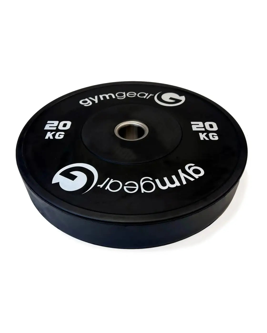 Gym Gear black 20 kg bumper plate with white branding and central metal hole for home gym use