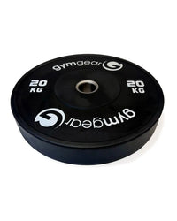 Gym Gear black 20 kg bumper plate with white branding and central metal hole for home gym use