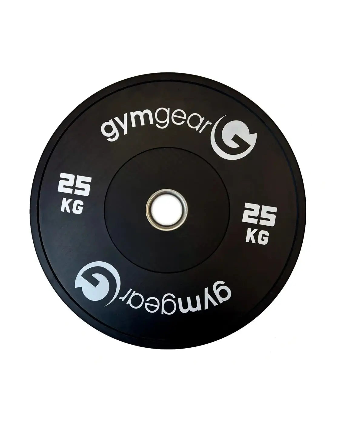 Black 25 kg gym gear bumper plate with white branding designed for home use weightlifting and strength training
