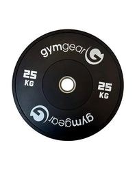 Black 25 kg gym gear bumper plate with white branding designed for home use weightlifting and strength training