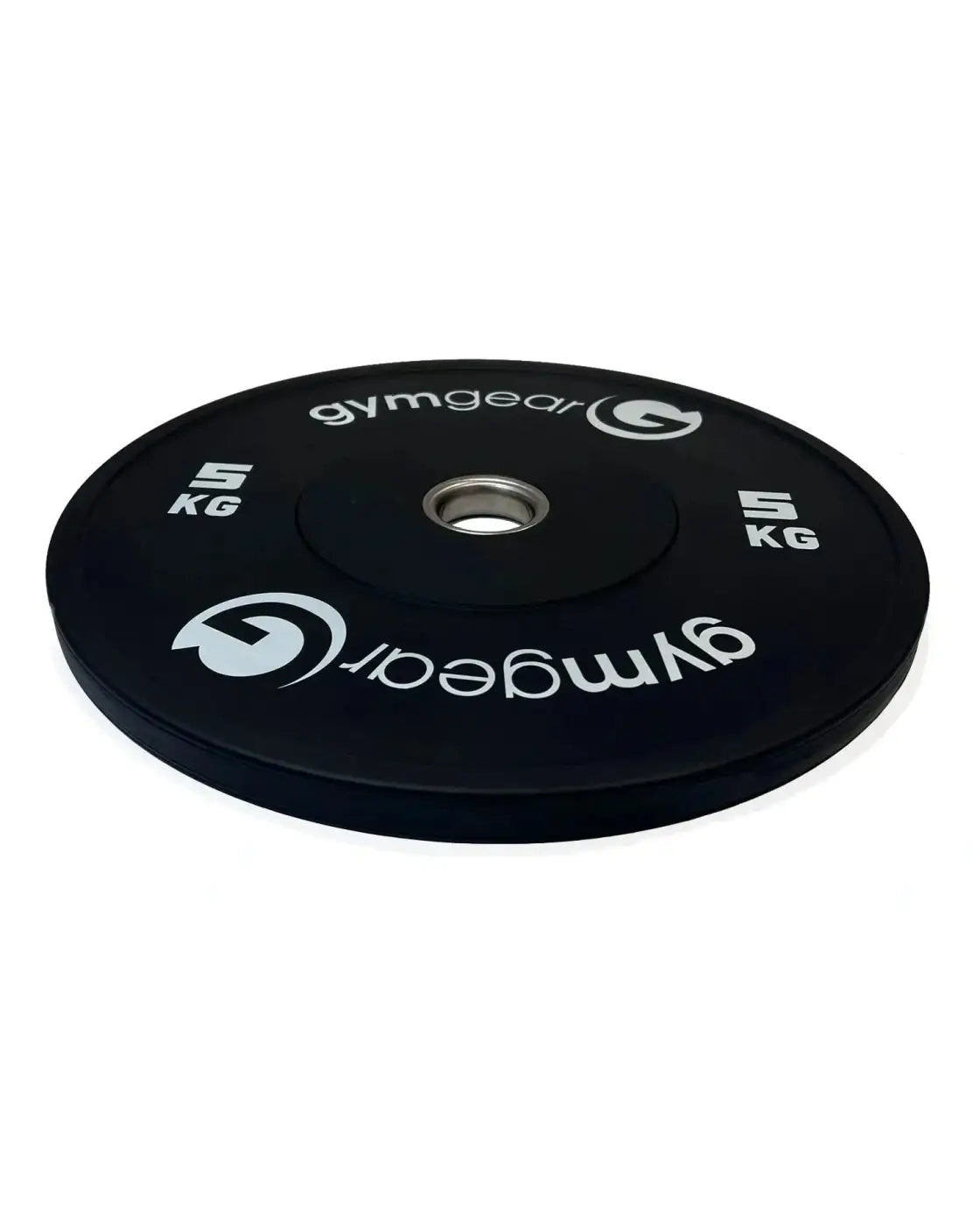Gym Gear black 5kg bumper plate with white branding and metal hole designed for home use