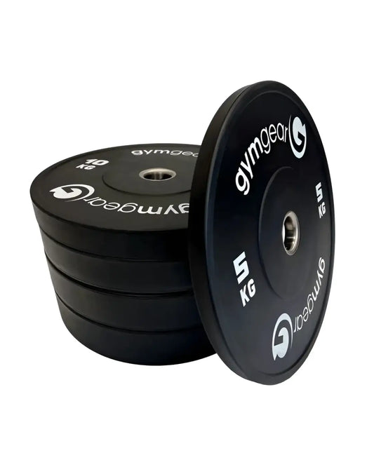 Gym Gear black bumper plates in 5kg and 10kg with white branding designed for home use