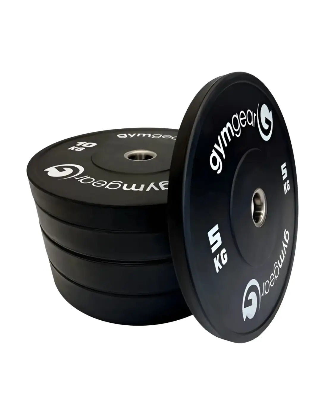 Gym Gear black bumper plates in 5kg and 10kg with white branding designed for home use