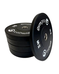 Gym Gear black bumper plates in 5kg and 10kg with white branding designed for home use