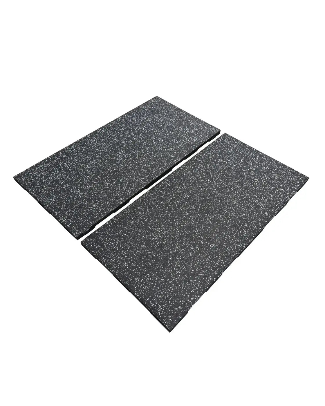 Two dark gray gym gear rubber mats with textured grey fleck surface ideal for gym flooring with uk delivery