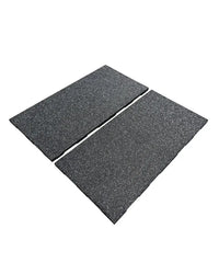 Two dark gray gym gear rubber mats with textured grey fleck surface ideal for gym flooring with uk delivery