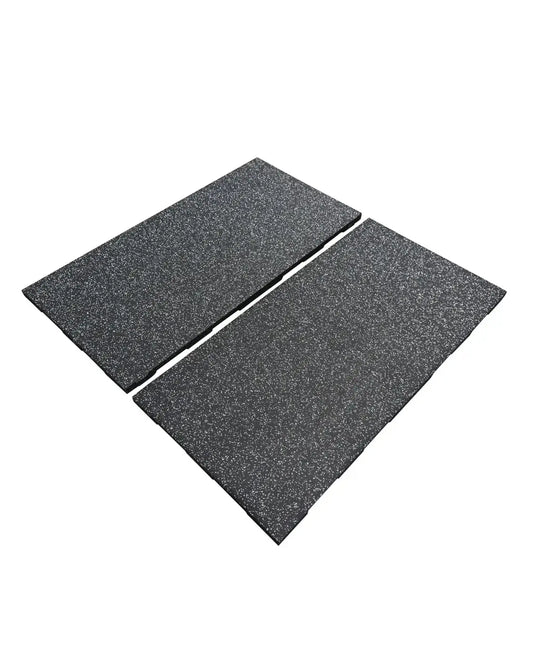 Two dark gray gym gear rubber mats with textured grey fleck surface ideal for gym flooring with uk delivery