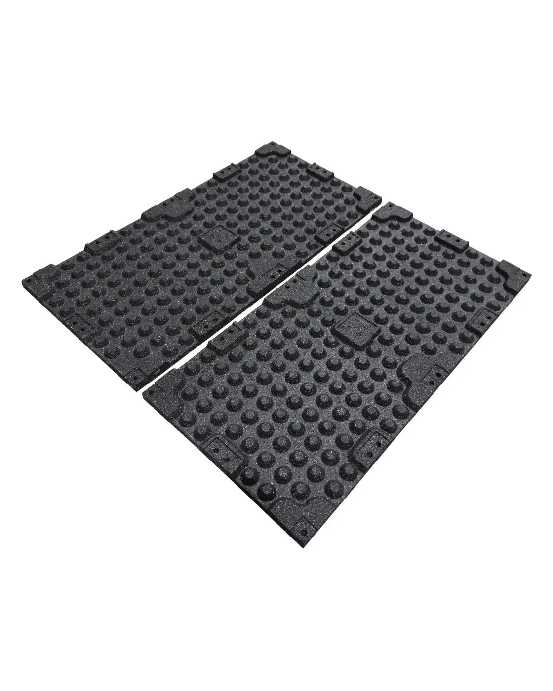 Gym gear black rubber tiles with raised circular bumps and molded edge reinforcements for home workout use