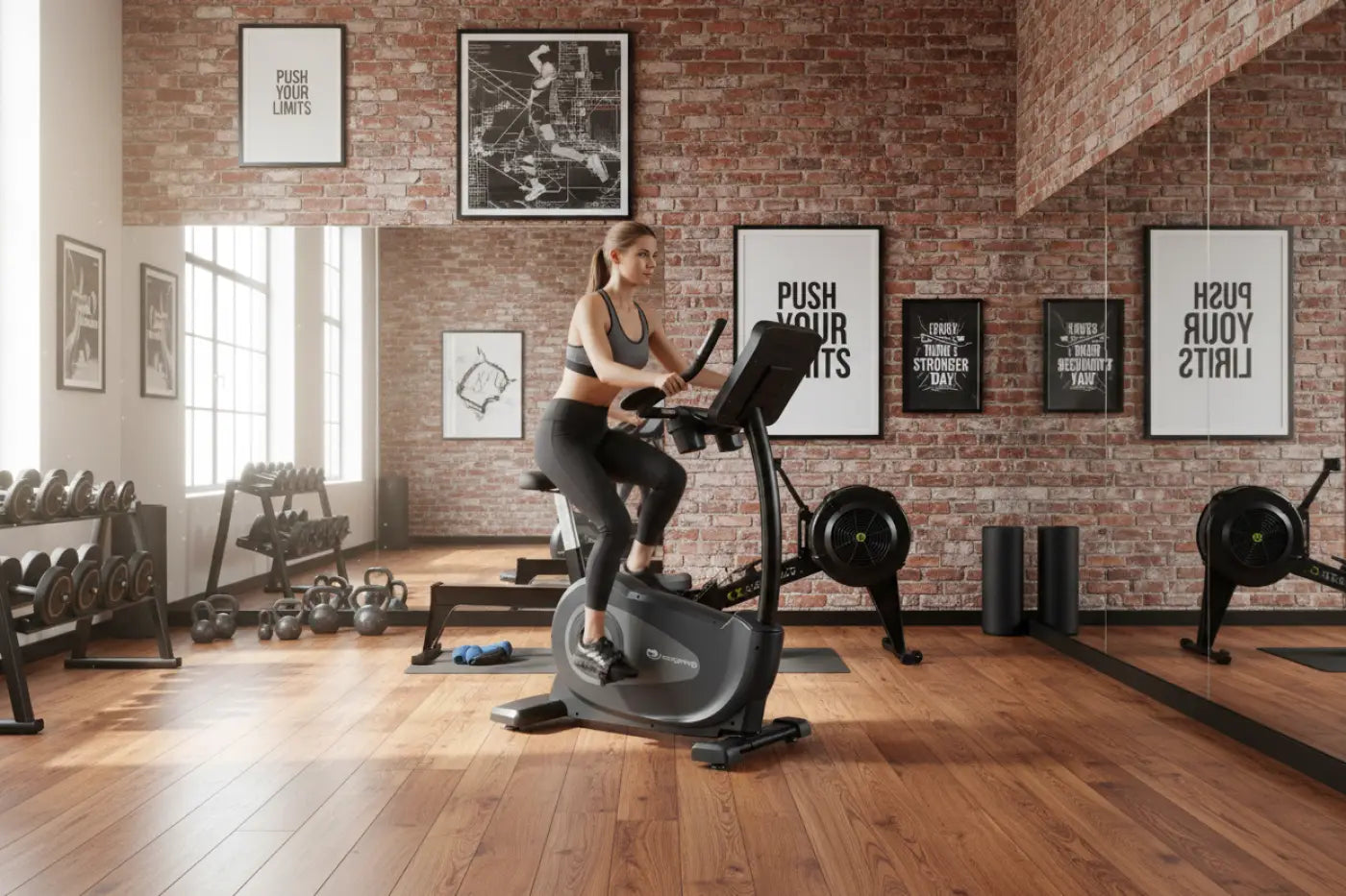 Gray Gym Gear C97 upright exercise bike with black handlebars and digital display screen for home gym use in UK