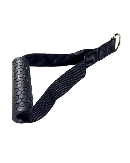 Black rubber-handled pull cord with textured grip and metal ring for gym gear canvas stirrup handle home training use
