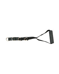 Black fabric resistance band with silver metal d-rings and padded grip handle for gym gear canvas stirrup handle compact design
