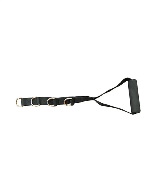 Black fabric resistance band with silver metal d-rings and padded grip handle for gym gear canvas stirrup handle compact design