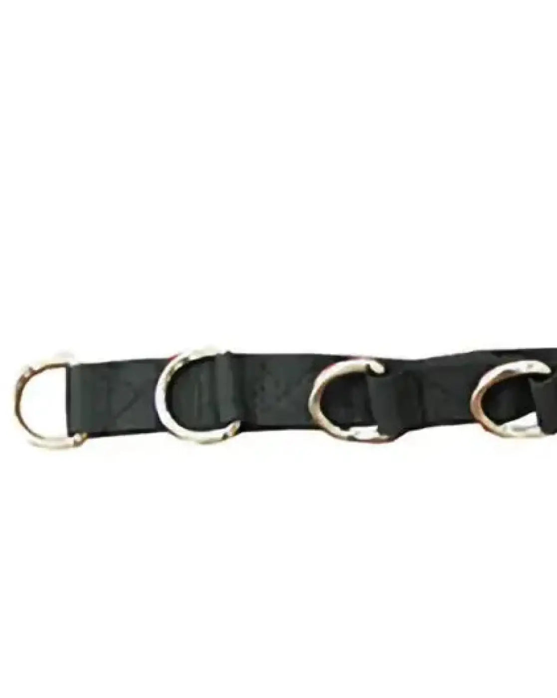 Black canvas gym gear stirrup handle featuring four evenly spaced silver metal d-rings in a compact design