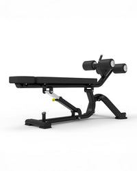A black adjustable weight bench with dual roller arms, shown from a three-quarter angle on a clean white background.