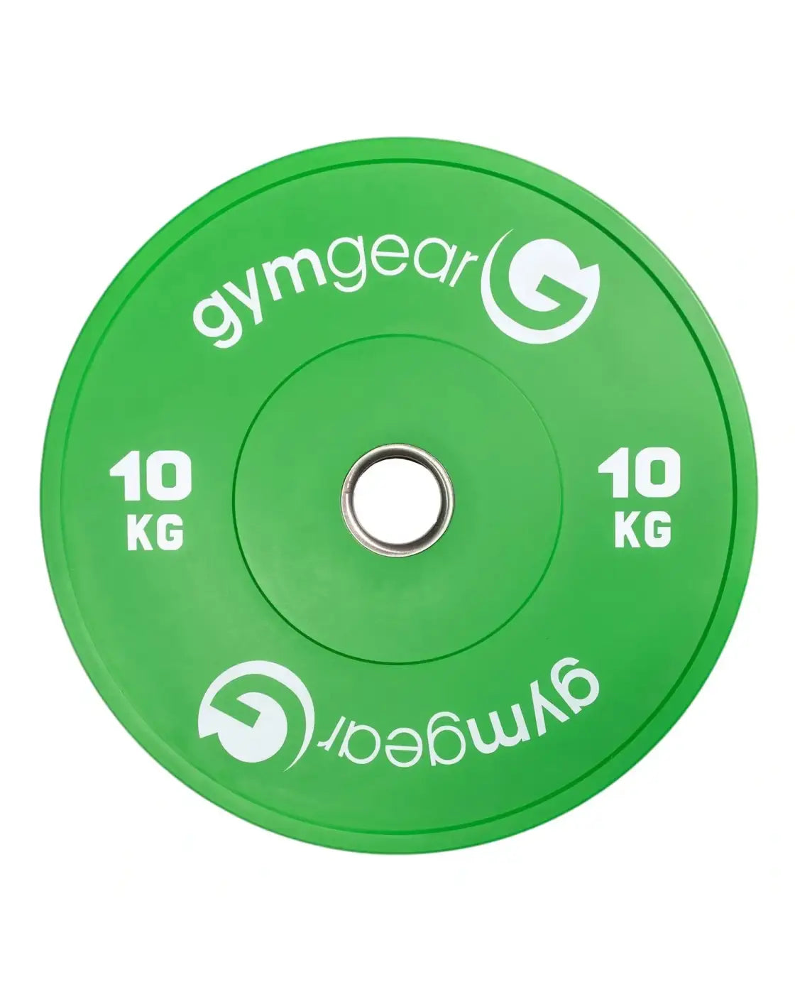 Green 10 kg gymgear coloured bumper plate with white branding and metal central hole for home use