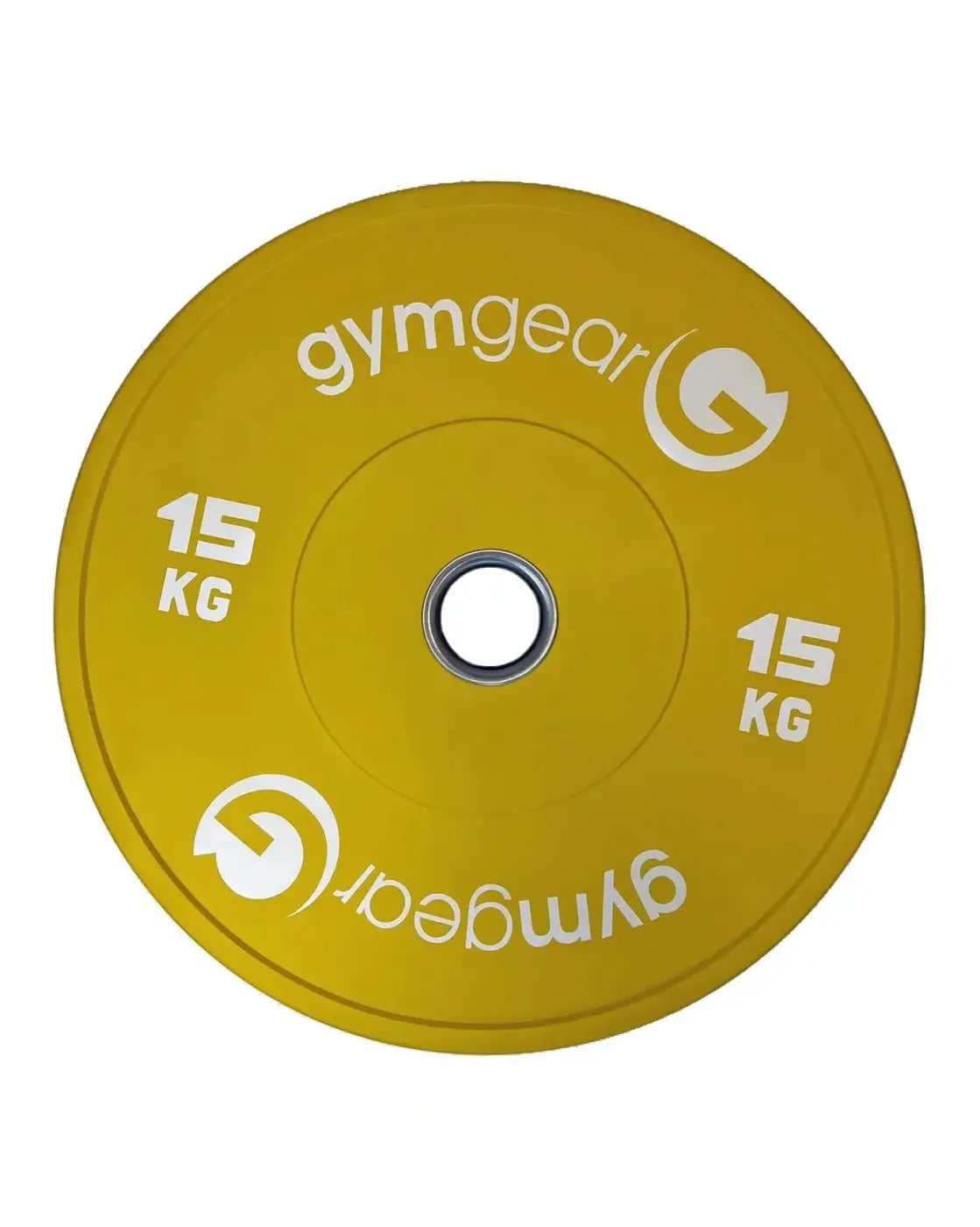 A vibrant yellow 15 kg gym gear coloured bumper plate designed for home use with white branding and logo