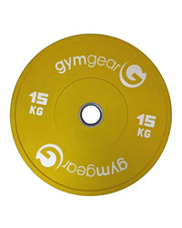 A vibrant yellow 15 kg gym gear coloured bumper plate designed for home use with white branding and logo