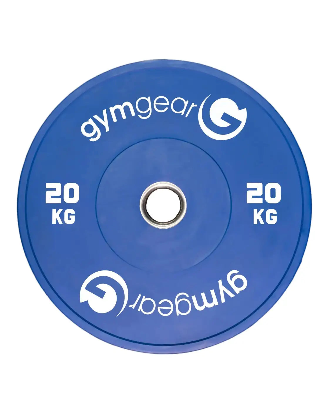 Blue 20 kg gym gear coloured bumper plate with white branding and central hole for home use gym training