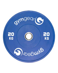 Blue 20 kg gym gear coloured bumper plate with white branding and central hole for home use gym training