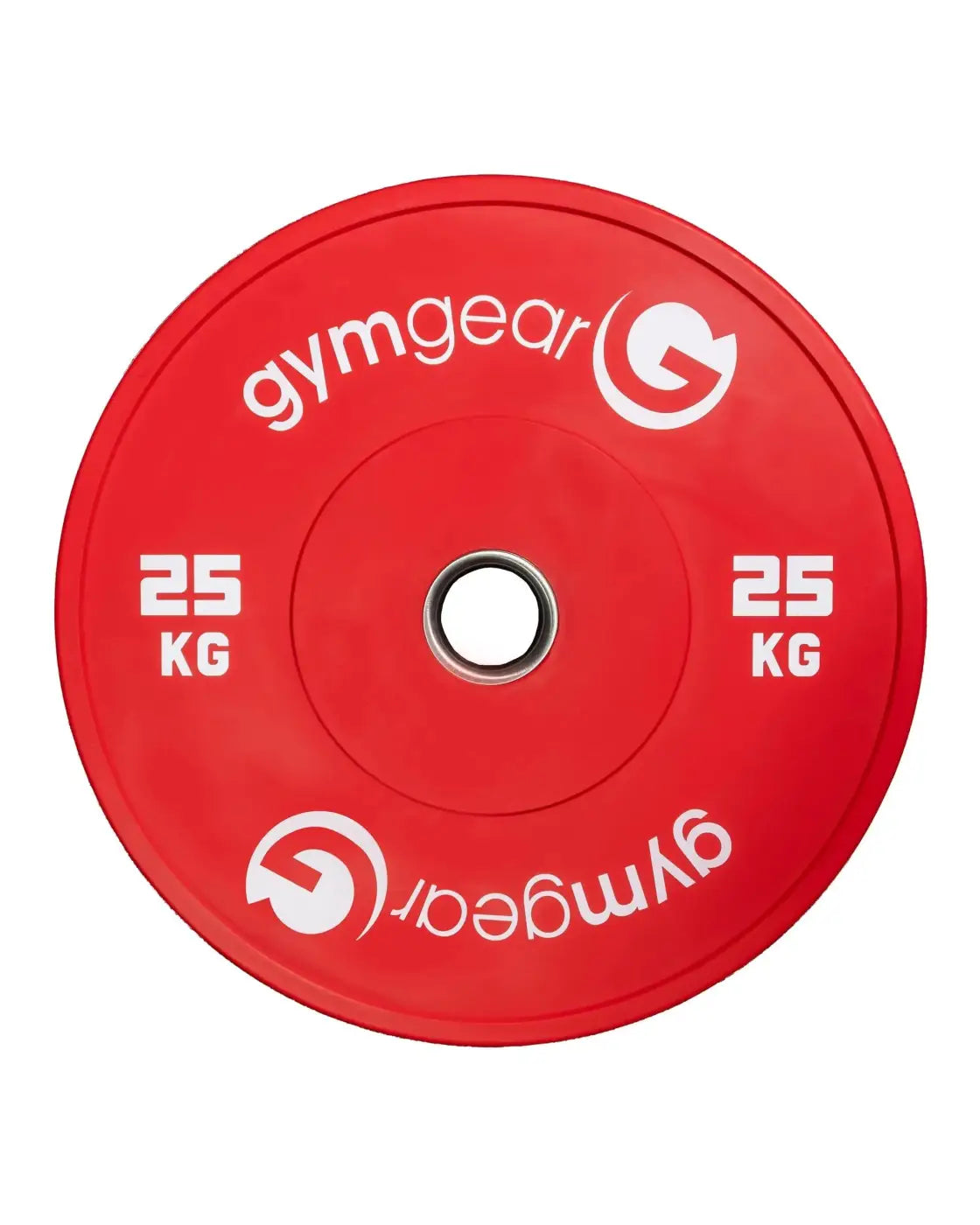 Red 25 kg gym gear coloured bumper plate with white branding and central hole for home use gym gear