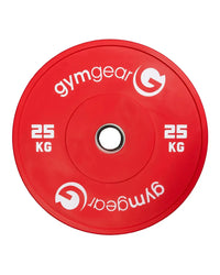 Red 25 kg gym gear coloured bumper plate with white branding and central hole for home use gym gear