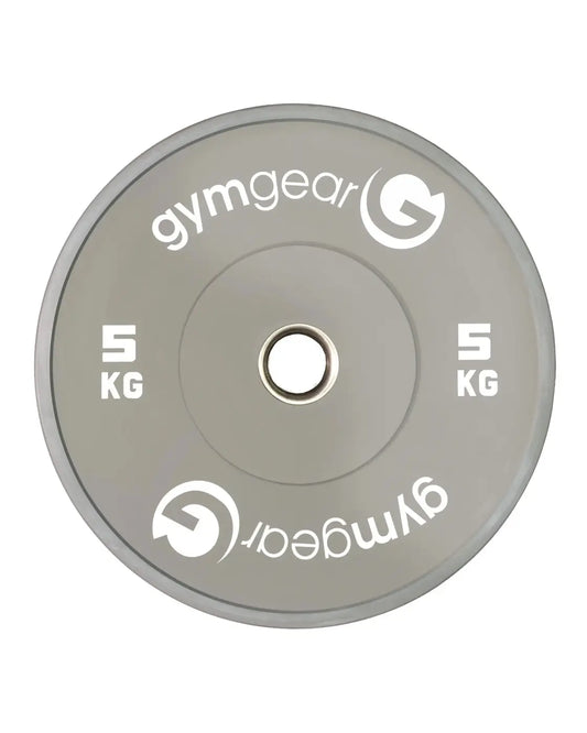 Gray 5kg gym gear coloured bumper plate with white branding and central hole for home use gym training
