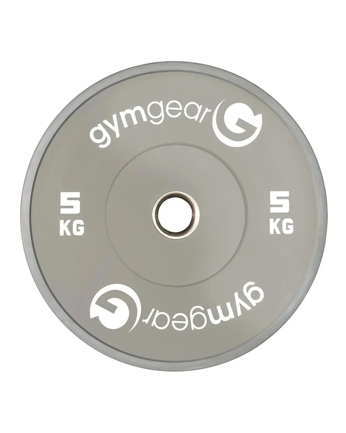 Gray 5kg gym gear coloured bumper plate with white branding and central hole for home use gym training
