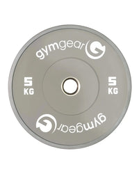 Gray 5kg gym gear coloured bumper plate with white branding and central hole for home use gym training