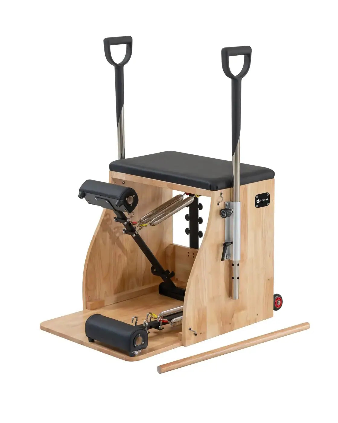 Light wood pilates reformer with black padded seat handles metal springs and adjustment mechanisms UK delivery