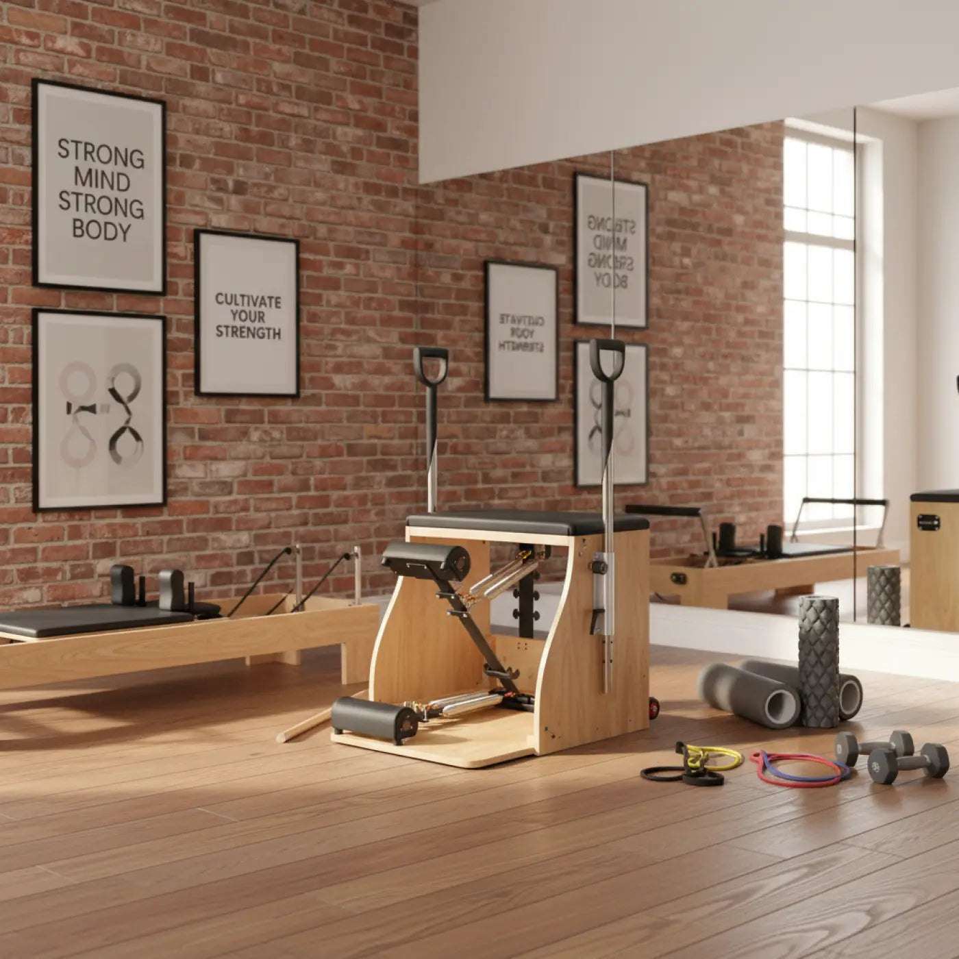 Light wood pilates reformer with black padded seat and adjustable metal frame from gym gear combination wunda chair uk delivery