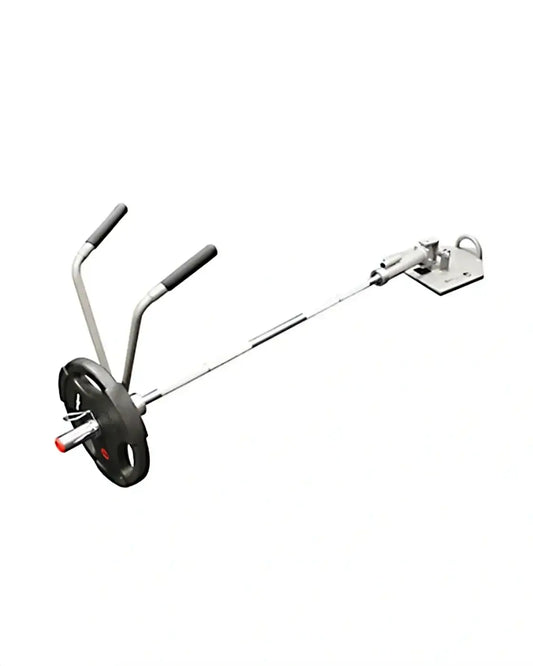 Silver and black gym gear core trainer handle barbell with ergonomic grip and single weight plate for home workout