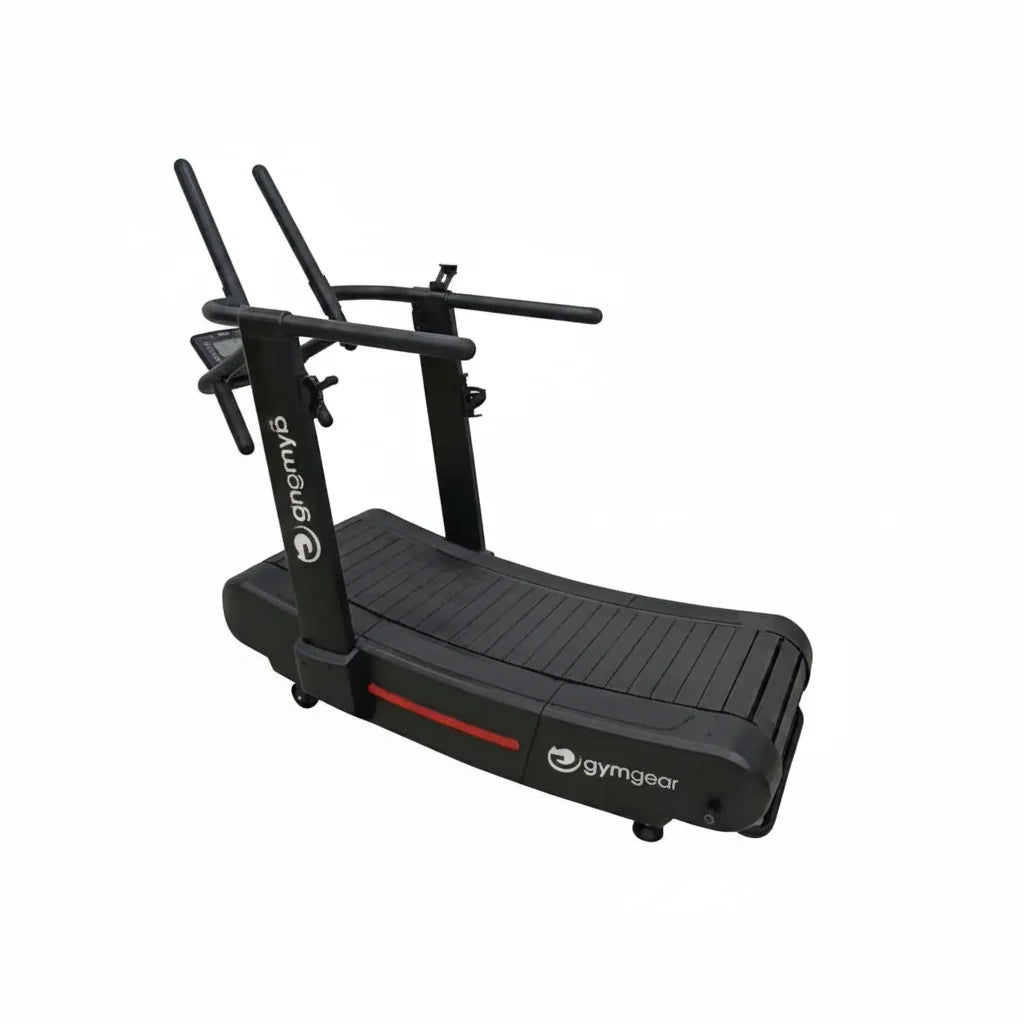 Gym Gear Curve 2.0 Plus self-propelled treadmill in black with red stripe and adjustable handlebars for home gym use uk