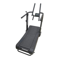 Black metal-framed gym gear curve 2.0 plus self-propelled treadmill with ribbed belt and digital display for home gym uk