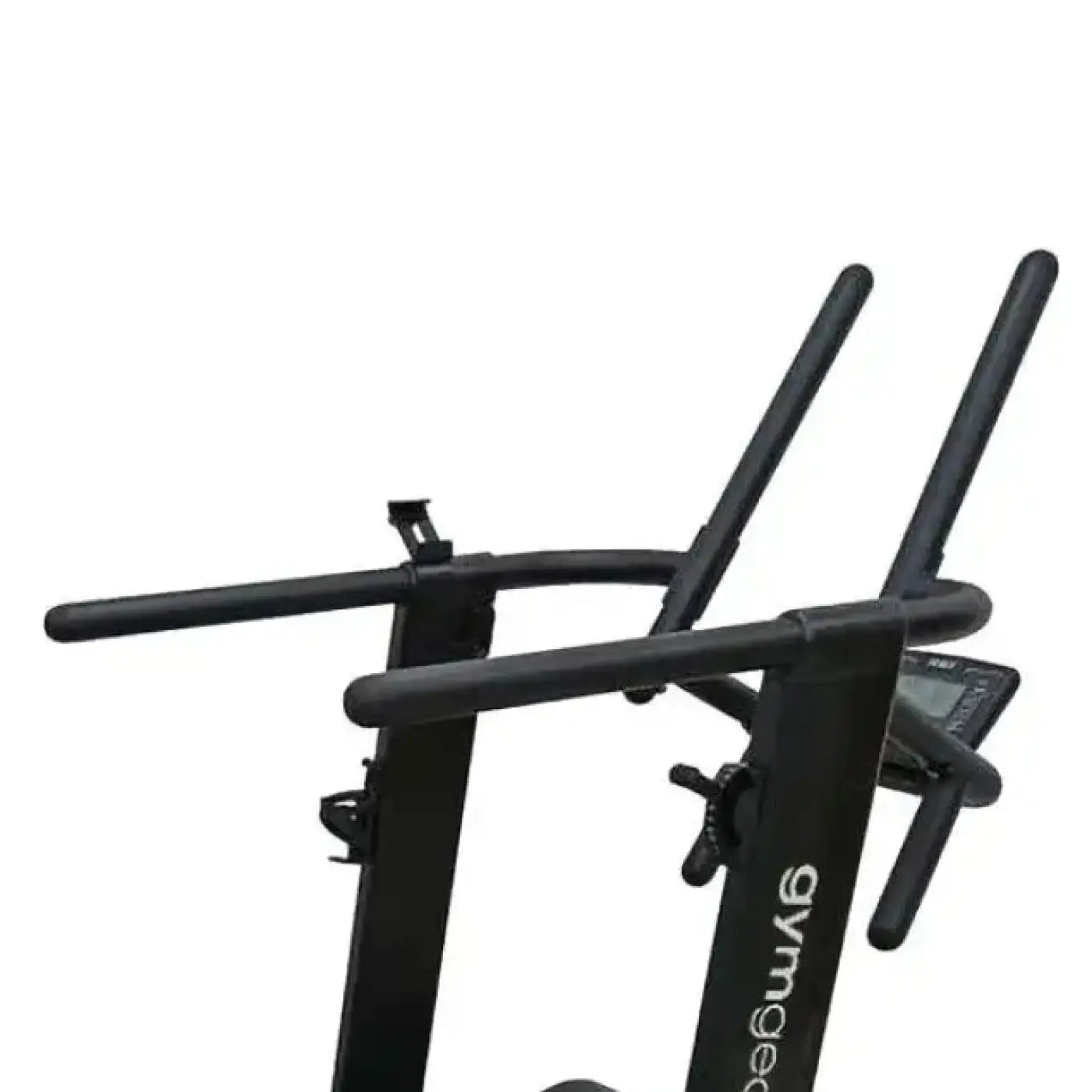 Black metal handlebars with sleek modern design and gyms branding on frame of gym gear curve 2.0 plus treadmill