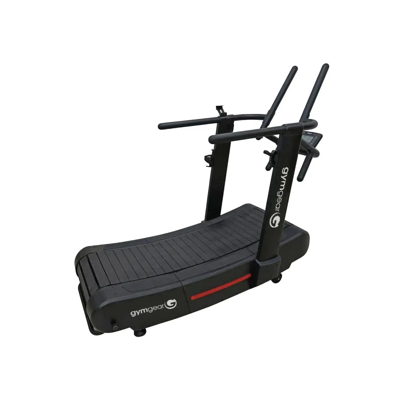 Gym Gear Curve 2.0 Plus self-propelled curved treadmill in black with red accent stripe and adjustable handlebars for home gym use