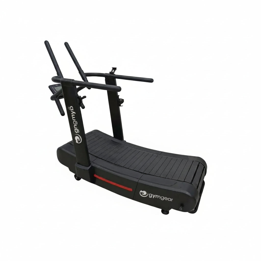 Gym Gear Curve 2.0 Plus self-propelled treadmill in black with red stripe and adjustable handlebars for home gym use uk