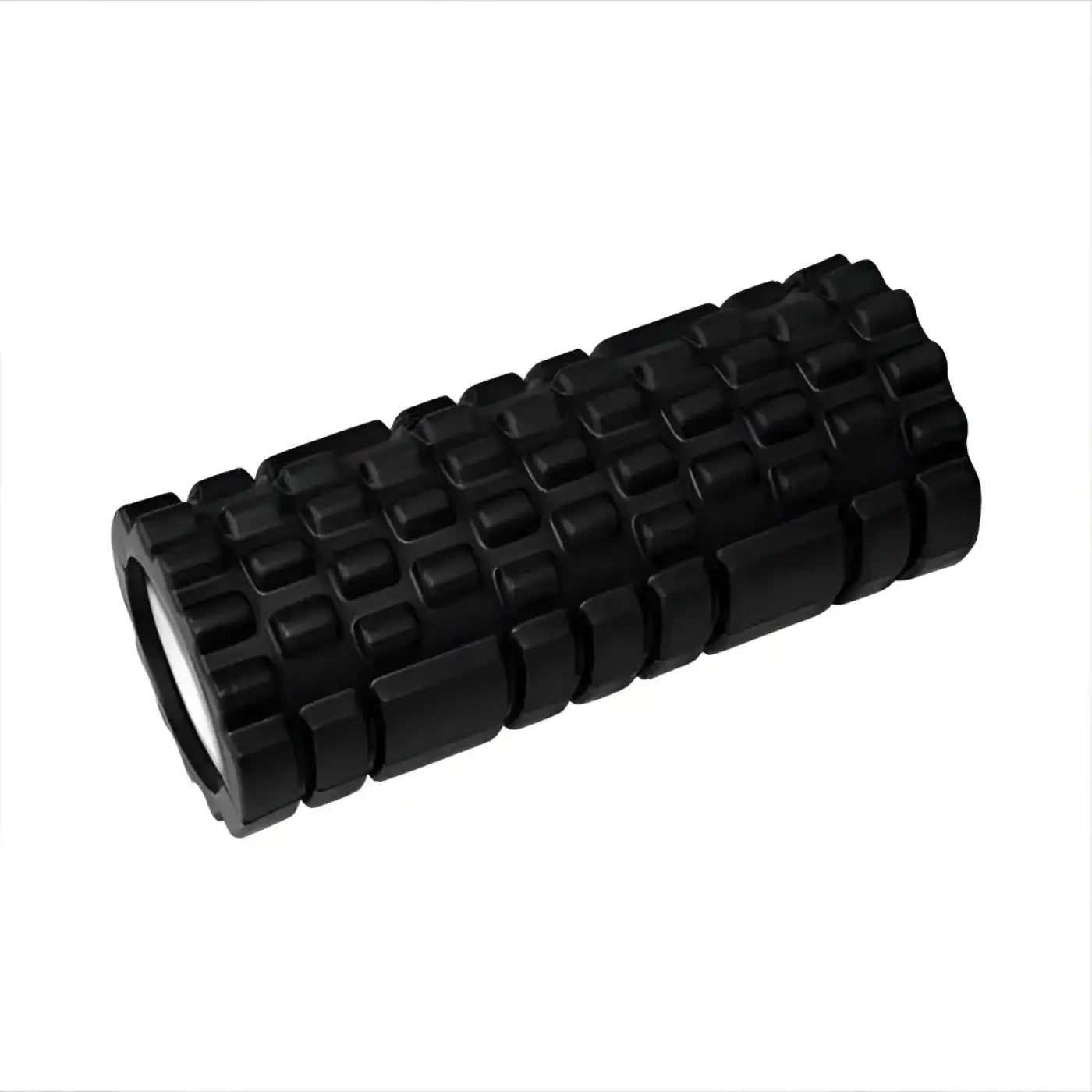 Black deep tissue foam roller with textured segmented surface for gym gear and uk delivery use