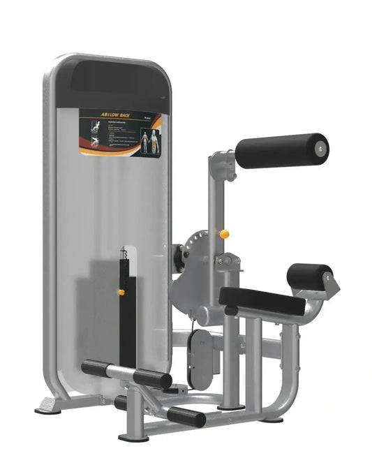 Silver and black gym gear dual series ab low back exercise machine with padded handles and seat for abdominal workouts